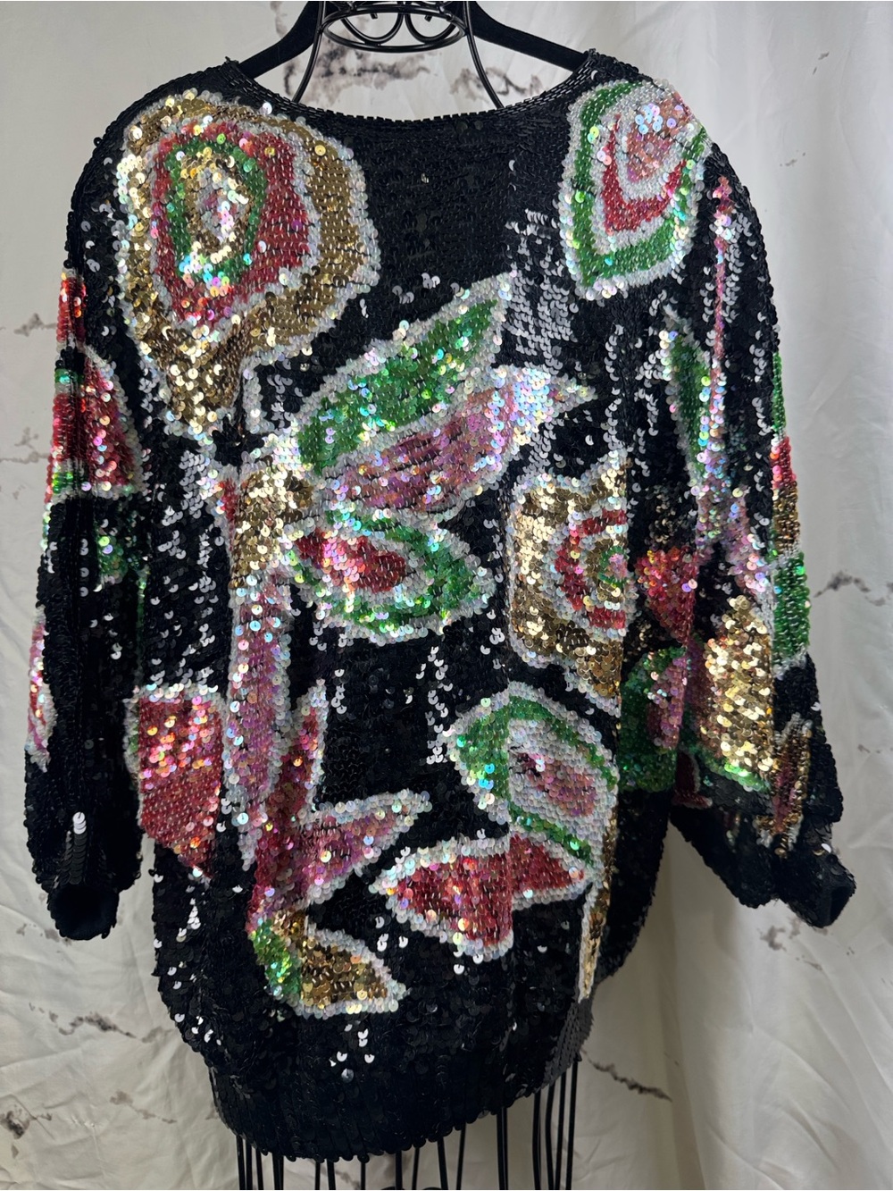 Three Flaggs Vintage Sequin Top Dolman Sleeves Floral Pattern All-Over Sequins